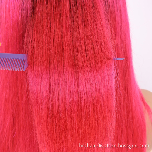 Full Machine Made Wig With Bangs No Lace Human Hair Wigs T1B/Pink Color Straight Human Hair Glueless Wigs